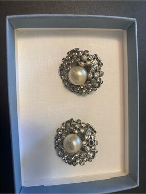 Vintage Jomaz Pearl Centered Silver-Tone Crystal Clip Earrings - Women Jewelry